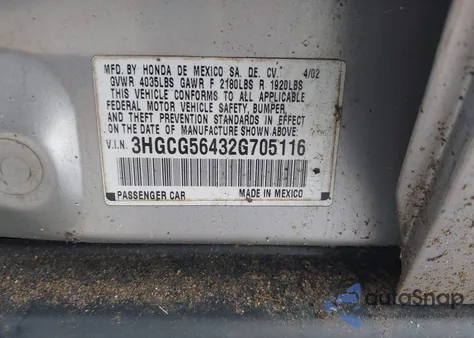 2002 Honda Accord 2.3 Lx from USA, damaged, VIN 3HGCG56432G705116